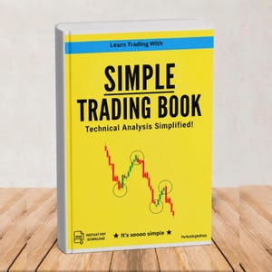 Op de afbeelding: Een geel boek getiteld Simple Trading Book met de ondertitel Technical Analysis Simplified! De kaft heeft een blauwe strook bovenaan met de tekst Learn Trading With, een rood en groen candlestick-grafiek en de tekst It's soooo simple.