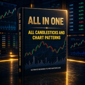 May include: A black book titled ALL IN ONE ALL CANDLESTICKS AND CHART PATTERNS ULTIMATE BEGINNER TO PRO MASTERCLASS. The cover features a gold-toned title and a graphic of a stock market candlestick chart with red and green bars on a grid.
