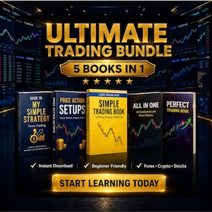 May include: A digital product bundle titled Ultimate Trading Bundle 5 Books In 1 featuring five books with titles including Guide To My Simple Strategy, Price Action Setups, Simple Trading Book, All In One, and Perfect Trading Book with charts.