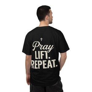 Christian Gym Shirt | Pray Lift Repeat Tee | Faith Based Workout Shirt | Religious Fitness Apparel | Christian Gym Gift | Comfort Colors