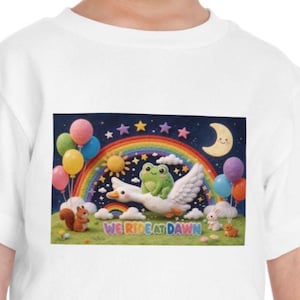 May include: White t-shirt with a vibrant graphic of a frog on a swan, under a rainbow, with balloons, stars, and a crescent moon. The design includes the text "WE RIDE AT DAWN". A whimsical design for children.