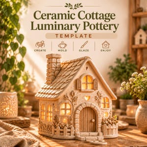 Può includere: Una casetta luminaria in ceramica beige con finitura testurizzata simile alla pietra, dotata di camino, finestre ad arco, porta in legno e un intaglio a forma di cuore. Il testo recita Ceramic Cottage Luminary Pottery TEMPLATE con icone per CREATE, MOLD, GLAZE e ENJOY.