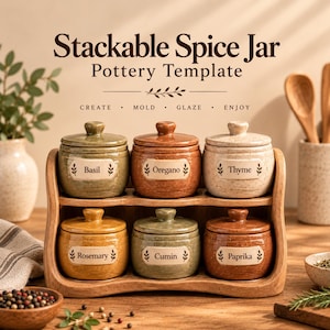 May include: A set of six ceramic spice jars with lids, arranged in a two-tiered wooden rack. The jars are labeled Basil, Oregano, Thyme, Rosemary, Cumin, and Paprika. The text Stackable Spice Jar Pottery Template is visible above the jars.