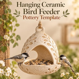 May include: A hanging ceramic bird feeder with a speckled cream finish and embossed leaf patterns. The structure features a central opening filled with birdseed and is suspended by a rope. Text reads: Hanging Ceramic Bird Feeder Pottery Template.