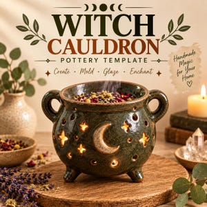 Peut inclure: Un chaudron en céramique vert foncé avec deux anses et trois pieds, orné de découpes en forme de croissant de lune et d'étoiles. Le texte WITCH CAULDRON POTTERY TEMPLATE, Create, Mold, Glaze, Enchant et Handmade Magic for Your Home est visible.
