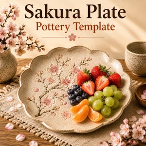 Puede incluir: Un plato de cerámica beige con borde festoneado y diseño en relieve de ramas de cerezo en flor rosas. El plato contiene fresas frescas, arándanos, uvas verdes y gajos de mandarina. El texto dice Sakura Plate Pottery Template.