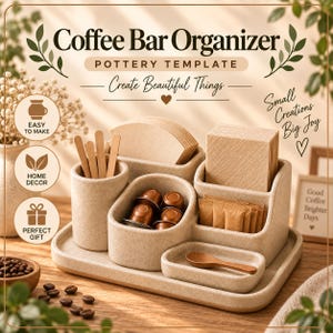 May include: A beige speckled ceramic coffee bar organizer set featuring a tall cylindrical holder for stirrers, a central compartment for coffee pods, a rectangular section for napkins, and a small tray with a wooden spoon, all on a base.