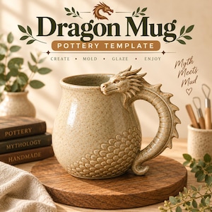 May include: A speckled beige ceramic mug featuring a sculpted dragon head and tail forming the handle. The text reads Dragon Mug Pottery Template, Create Mold Glaze Enjoy, and Myth Meets Mud. The mug sits on a round wooden base.