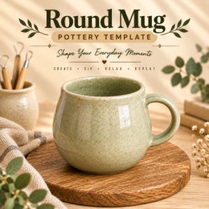 Puede incluir: Una taza de cerámica redonda de color verde claro moteado con cuerpo curvo y una sola asa. El texto superior dice Round Mug Pottery Template, Shape Your Everyday Moments y Create, Sip, Relax, Repeat. La taza descansa sobre una base de madera.