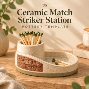 Puede incluir: Una estación de cerámica para cerillas con acabado crema moteado, un soporte cilíndrico para cerillas y una superficie de fricción marrón texturizada. La base tiene una banda verde y la bandeja contiene cerillas de madera con puntas verdes.