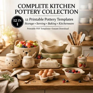 May include: A complete kitchen pottery collection featuring 12 printable PDF templates for storage, serving, and baking. The set includes a bear-shaped bowl, a butter dish, a colander, jars, and an egg holder, all in a speckled beige ceramic finish.
