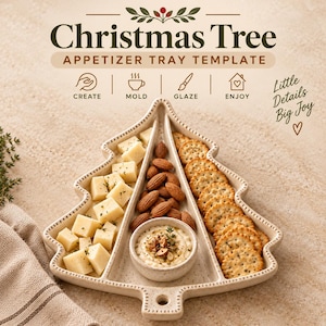 Puede incluir: Una bandeja de aperitivos de cerámica color crema con forma de árbol de Navidad y tres secciones. La bandeja contiene cubos de queso, almendras y galletas redondas, con un pequeño cuenco de salsa en el centro. Texto: Christmas Tree APPETIZER TRAY TEMPLATE.