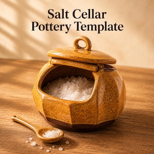 May include: A mustard yellow ceramic salt cellar with a hinged lid and a small matching spoon. The container has a faceted, rounded body filled with white salt crystals. The text Salt Cellar Pottery Template is printed above the object.