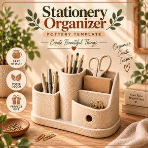 Könnte beinhalten: Ein beiger, gesprenkelter Schreibwaren-Organizer aus Keramik mit mehreren Fächern für Stifte, Bleistifte, Scheren und Büroklammern. Der Text lautet Stationery Organizer Pottery Template, Create Beautiful Things, Organize Create Inspire und Good Ideas Brighter Days.