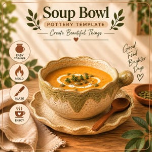 May include: A ceramic soup bowl with a scalloped rim and a speckled beige and green glaze, resting on a matching saucer. The bowl contains orange soup garnished with cream and seeds. Text includes Soup Bowl, Pottery Template, and Good Food Brighter Days.