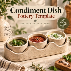 Puede incluir: Un juego de cuencos para condimentos de cerámica beige moteada con tres cuencos redondos en una bandeja alargada a juego. El texto "Condiment Dish Pottery Template", "CREATE • CRAFT • ENJOY", "Small Pieces Big Joy" y "DIY Pottery Template" es visible.