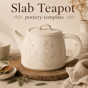 May include: A cream-coloured ceramic teapot with a speckled finish and etched botanical designs on the body. The text Slab Teapot pottery template is displayed above the teapot, which features a lid with a handle and a curved spout.