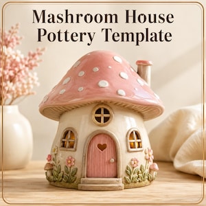 Puede incluir: Una casa de cerámica con forma de seta con un sombrero rosa con puntos blancos, una base color crema, una puerta arqueada rosa con un recorte de corazón y ventanas pequeñas. El texto "Mashroom House Pottery Template" aparece arriba.