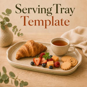May include: An oval-shaped speckled ceramic serving tray holding a croissant, a speckled mug filled with tea, fresh raspberries, sliced strawberries, cubed melon, blueberries, and round cookies. The text Serving Tray Template is visible.