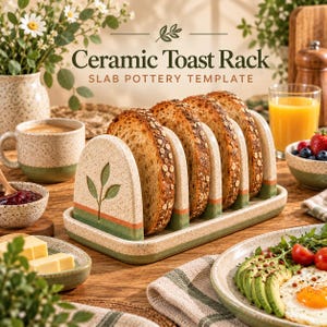 May include: A ceramic toast rack featuring a speckled beige finish with green and orange horizontal stripes and a leaf motif. The rack holds four slices of toasted bread. The text "Ceramic Toast Rack SLAB POTTERY TEMPLATE" is visible above.