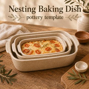 May include: Three rectangular, speckled beige ceramic baking dishes nested inside one another. The smallest, innermost dish contains a baked casserole topped with sliced cherry tomatoes and herbs. The text Nesting Baking Dish pottery template appears.