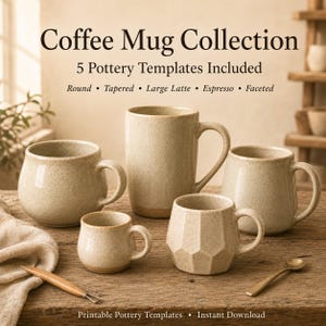 Könnte beinhalten: Eine Sammlung von fünf gesprenkelten beigen Keramik-Kaffeetassen in verschiedenen Formen wie rund, konisch, große Latte, Espresso und facettiert. Der Text lautet Coffee Mug Collection, 5 Pottery Templates Included und Printable Pottery Templates.