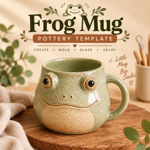 Può includere: Una tazza in ceramica verde chiaro maculata a forma di rana con due occhi in rilievo e una bocca sorridente. Il testo recita Frog Mug Pottery Template, Create Mold Glaze Enjoy e Little Mug Big Smiles. La tazza ha un manico e una pancia color marrone chiaro.