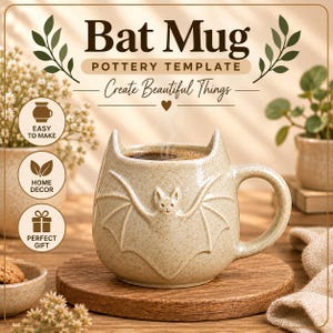 Pode incluir: Uma caneca de cerâmica bege salpicada com um relevo de morcego na frente e duas orelhas pontiagudas na borda. O texto acima diz Bat Mug Pottery Template Create Beautiful Things, com três ícones circulares para Easy to Make, Home Decor e Perfect Gift.