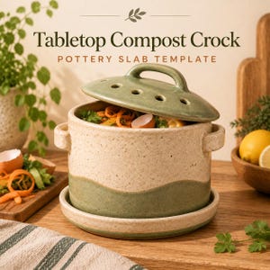 Op de afbeelding: Een keramische compostbak voor op tafel met een gespikkelde crème en saliegroene afwerking, voorzien van een bijpassend deksel met ventilatiegaten, twee handgrepen aan de zijkant en een ronde schaal. De tekst luidt Tabletop Compost Crock Pottery Slab Template.
