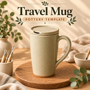 Puede incluir: Una taza de viaje de cerámica de color verde claro moteado con tapa y asa a juego. El texto "Travel Mug POTTERY TEMPLATE" aparece sobre la taza. La taza tiene un cuerpo cilíndrico y un acabado liso, presentada como una plantilla de alfarería.
