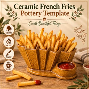 Può includere: Un portapatatine in ceramica color marrone dorato con uno scomparto integrato per la salsa riempito di ketchup rosso. Il supporto presenta un design testurizzato a ventaglio ed è riempito di patatine fritte croccanti.