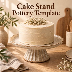 May include: A ceramic cake stand with a speckled cream glaze, featuring a scalloped edge and a fluted pedestal base. The text 'Cake Stand Pottery Template' is displayed above a beige cake topped with small white flowers.