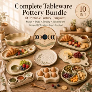 Könnte beinhalten: Ein Set aus keramikartigem Geschirr mit Tellern, Tabletts, Servierschalen und einem Eierhalter. Die Stücke haben gesprenkelte beige und grüne Töne mit Motiven wie Mondphasen und Blättern. Der Text lautet Complete Tableware Pottery Bundle.