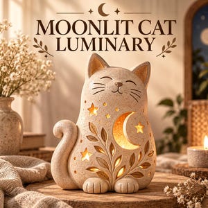May include: A beige speckled cat-shaped luminary featuring cutouts of a crescent moon, stars, and leafy branches. The ceramic figure glows from within, casting light through the decorative openings. The text MOONLIT CAT LUMINARY appears above.