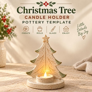 May include: A speckled ceramic Christmas tree candle holder with a star topper and a circular base. The text reads: Christmas Tree CANDLE HOLDER POTTERY TEMPLATE, CREATE, MOLD, GLAZE, ENJOY, and Little Details Big Joy. A lit candle sits in the front.