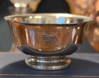 Vintage 1974 Louisiana State Shoot Trophy Bowl – Shreveport Gun Club Silver Plated Paul Revere Style – Sporting Memorabilia Decor