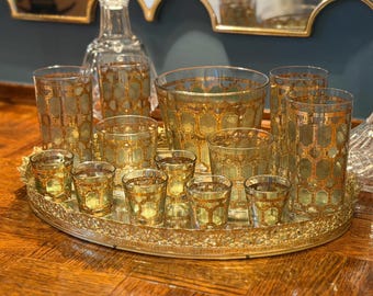Vintage Green Gold Barware Set – Culver Style Hollywood Regency Ice Bucket, Glasses