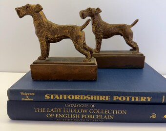 Antique Pompeian Airedale Terrier Dog Bookends, Bronze Clad Art Deco Library Decor