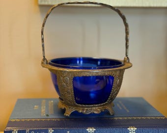 Vintage Cobalt Blue Glass Basket Bowl, Ornate Cast Metal Frame