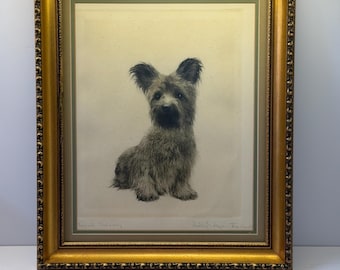 Incisione di Kurt Meyer raffigurante un Eberhardt Skye Terrier / Opera d'arte tedesca firmata raffigurante un animale (con cornice)