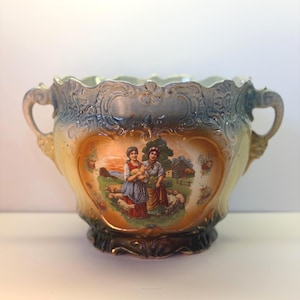 Antieke Engelse Edwardiaanse Jardiniere plantenbak Pastorale scène Staffordshire keramische cachepot