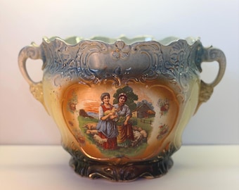 Antique English Edwardian Jardiniere Planter Bowl Pastoral Scene Staffordshire  Ceramic Cache Pot