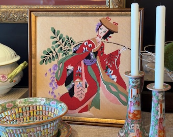Vintage Petit Point Needlepoint Japanese Lady Art | Framed Geisha Wall Decor