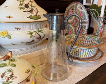 Antique Victorian Claret Jug | Etched Glass Silver Plate Wine Decanter
