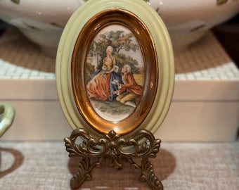Vintage Porcelain Plaque | Rococo Courting Couple Scene, Celadon Gilt Frame