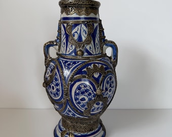Vintage Moroccan Ceramic Vase – Hand Painted Blue Brass Overlay – Global Boho Decor