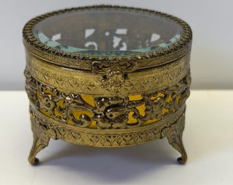 Vintage Ormolu Jewelry Casket, Beveled Glass Trinket Box, French Style Holder