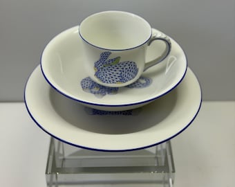 Herend Hungary Blue Fishnet Bunny Porcelain Children's Place Setting | Hand Painted Plate, Bowl, Mug