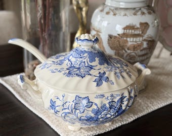 Royal Doulton Kirkwood Blue Transferware Tureen with Ladle | English Ironstone Serving Dish