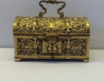 Vintage Erhard & Söhne Gilt Metal Jewelry Casket | Art Nouveau Blue Velvet Lined Keepsake Box